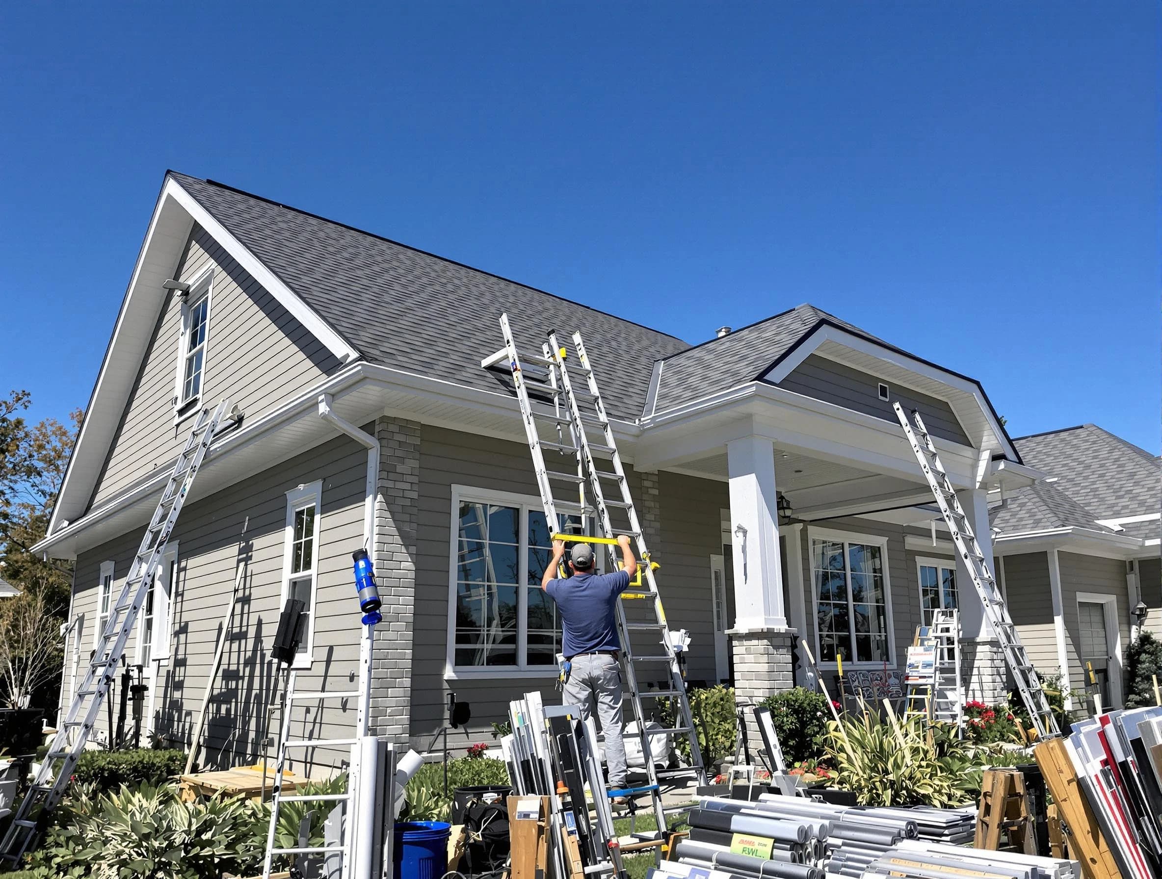Cuyahoga Falls Roofing Company fitting rain gutters at a home in Cuyahoga Falls, OH